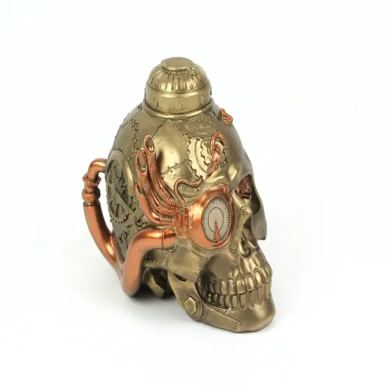 Antique Bronze Finish Retro-Futuristic Steampunk Human Skull Tabletop Statue {3}