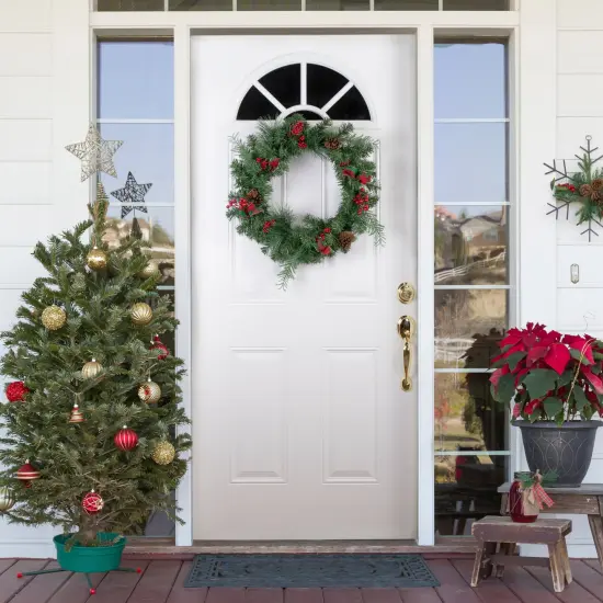 Northlight Pine Cones and Berries Artificial Christmas Wreath with Ribbon - 24" - Unlit Green {3}