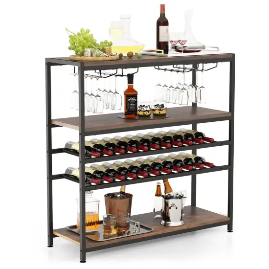 Costway Rustic 5-tier Wine Rack Table 22 Bottle Wine Cabinet Freestanding with Glass Holder {1}