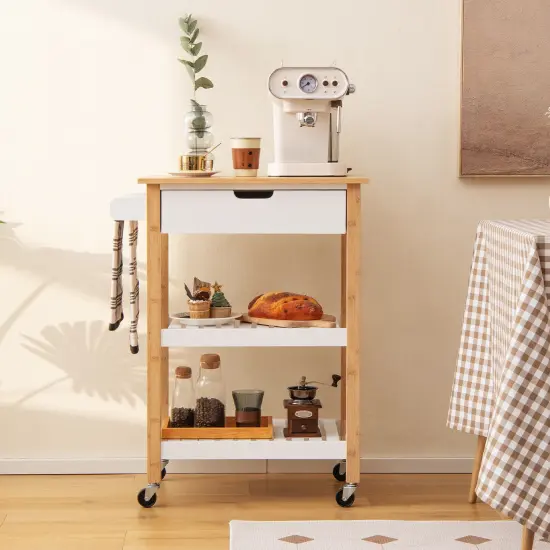 3-Tier Kitchen Island Cart Rolling Service Trolley with Bamboo Top White {7}