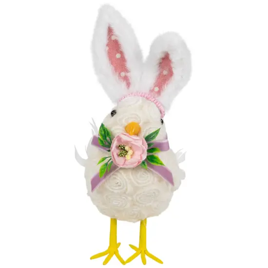 Northlight Floral Easter Chick with Polka Dot Faux Fur Rabbit Ears Figurine - 8.75" White {1}