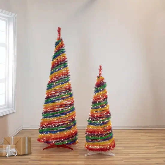 Northlight 4' Pre-Lit Rainbow Tinsel Pop-Up Artificial Christmas Tree, Clear Lights Multi {3}