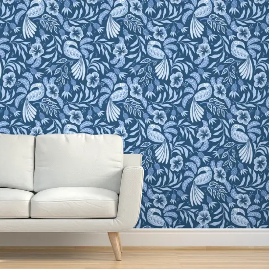 Pre-Pasted Wallpaper 2FT Wide Hibiscus Garden Tropical Toucan Pineapple Denim Blue Custom Pre-pasted Wallpaper by Spoonflower {5}