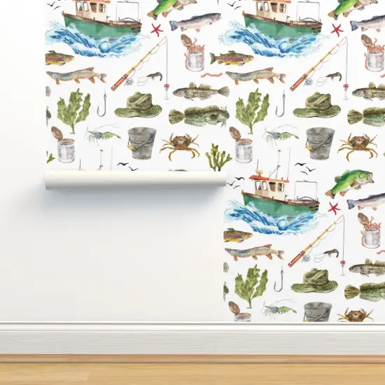 Peel & Stick Wallpaper 2FT Wide Watercolor Adventure Fish Boat Nautical Custom Removable Wallpaper by Spoonflower {2}