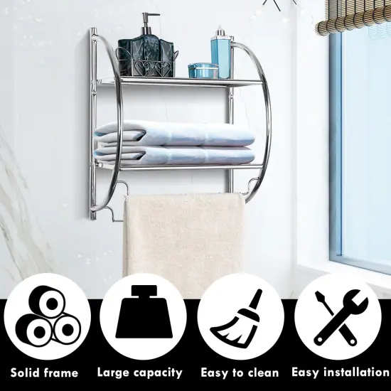 Costway Wall Mounted Bathroom Shelf with 2 Tier Bathroom Towel Rack 2 Towel Bars for Hotel White/Sliver {5}