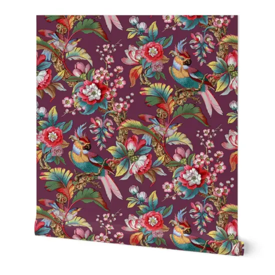 Peel & Stick Wallpaper 2FT Wide Purple Antique Birds Palm Jungle Tropical Magenta Burgundy Wine Mauve Botanical Parrot Victorian Edwardian Art Nouveau Large Scale Custom Removable Wallpaper by Spoonflower {7}