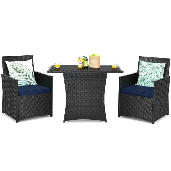 3 Pieces Patio Rattan Furniture Set with Cushion and Sofa Armrest Navy {3}