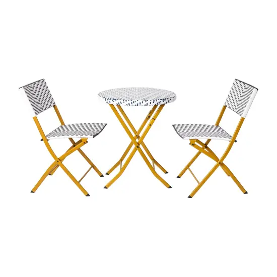 Emma and Oliver Ciel Three Piece Folding Bistro Set in PE Rattan with Metal Frames for Indoor and Outdoor Use Black & White {8}