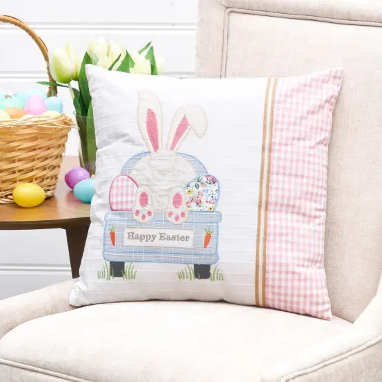 Happy Easter Spring Themed Bunny Eggs Embroidered Accent Throw Pillow, 18" x 18" {3}