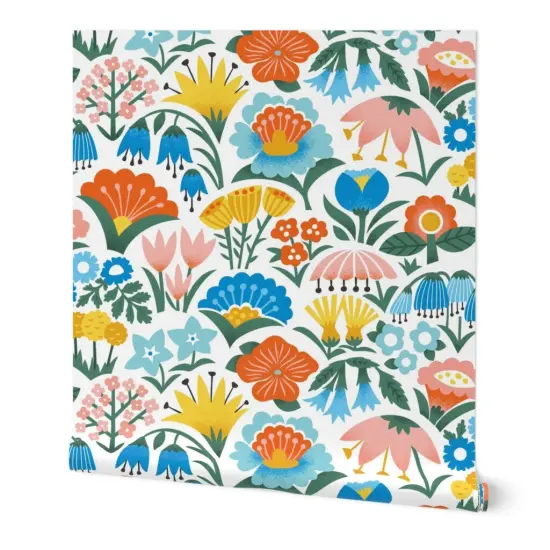Peel & Stick Wallpaper 2FT Wide Scandinavian Floral Folk Flowers Pink Yellow Blue Garden Botanical Vintage Retro Midcentury Modern Custom Removable Wallpaper by Spoonflower {7}