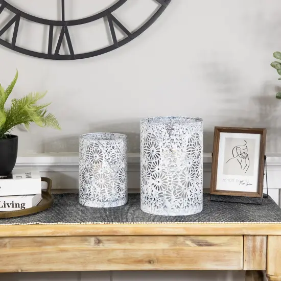 Northlight Laser-Cut Floral Iron Pillar Candle Holders - 10" - Gray and White - Set of 2 {4}