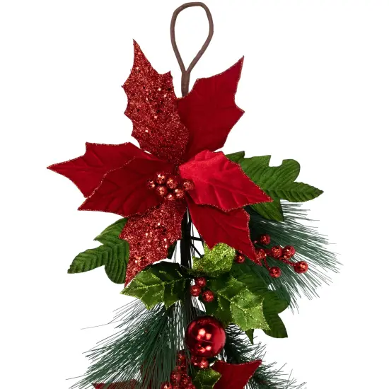 Northlight 48" Glittered Red Poinsettia and Long Pine Christmas Swag, Unlit {6}