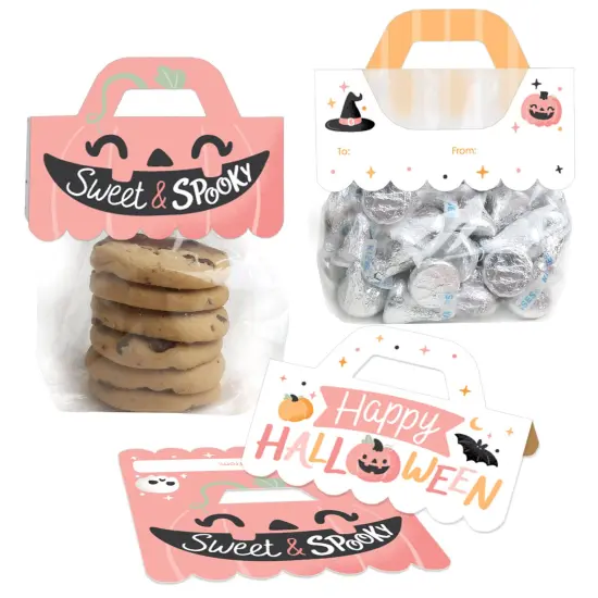 Big Dot of Happiness Pastel Halloween - DIY Pink Pumpkin Party Clear Goodie Favor Bag Labels - Candy Bags with Toppers - Set of 24 {1}