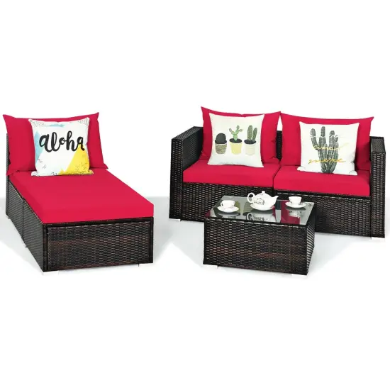 5 Pieces Patio Rattan Sectional Furniture Set with Cushions and Coffee Table Red {4}