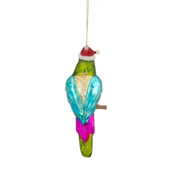 Northlight 6.25" Green and Blue Parrot in a Santa Hat Glass Christmas Ornament {5}