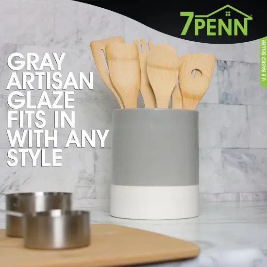 7Penn Large Kitchen Utensil Holder for Countertop - Gray and White Ceramic Crock {4}