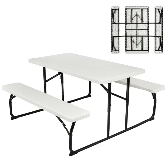 Costway Folding Picnic Table & Bench Set for Camping BBQ w/ Steel Frame White/Balck {1}