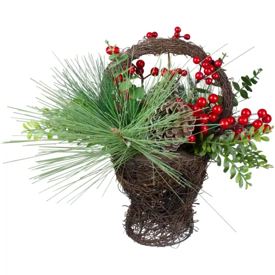 Northlight 15" Eucalyptus Pine and Berry Artificial Christmas Grapevine Basket Brown {5}