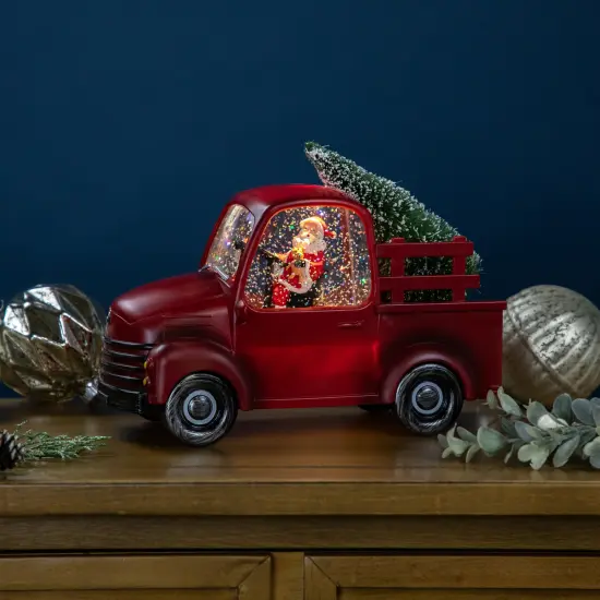 Northlight LED Lighted Santa in Red Retro Truck with Christmas Tree Snow Globe - 9" {1}