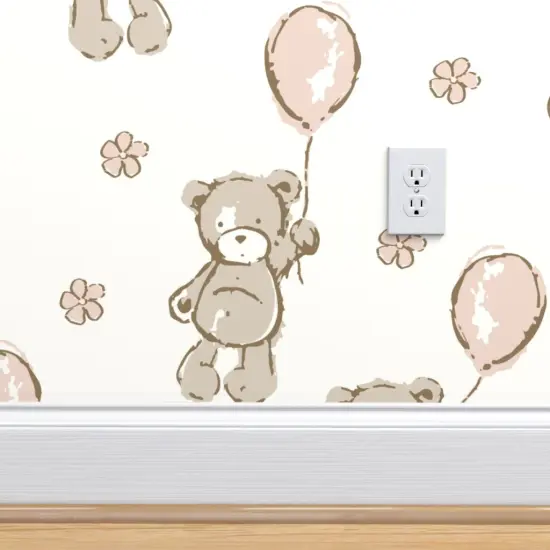 Pre-Pasted Wallpaper 2FT Wide Teddy Bear Pink Balloons Shower Small Scale Custom Pre-pasted Wallpaper by Spoonflower {4}