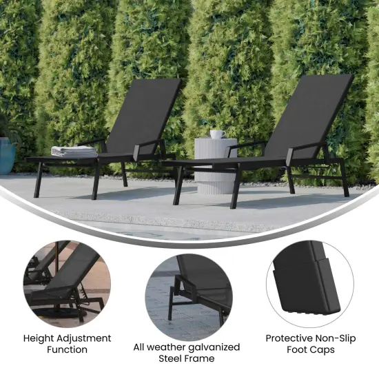 Emma and Oliver Braelin Set of 2 Textilene Adjustable 5 Position Patio Chaise Lounge with Armrests and Metal Frame Black/Brown {7}