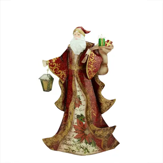 Gallerie II 17.75" Red Vintage Postcard Santa Holding Lantern and Gifts Tin Table Top Christmas Decoration White {1}