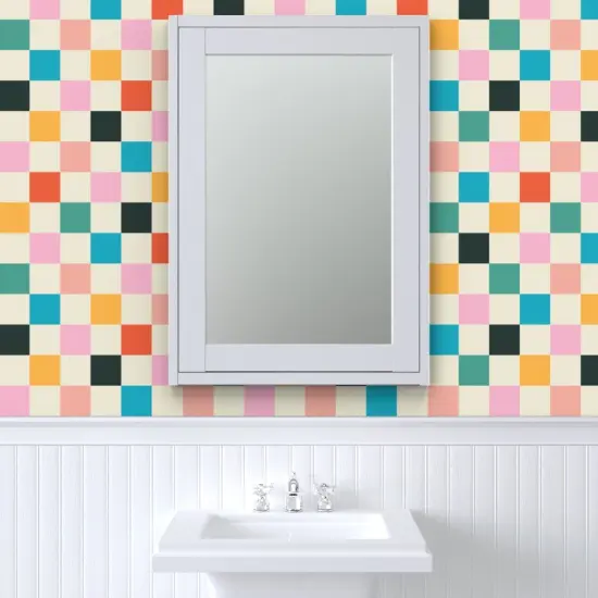 Peel & Stick Wallpaper 2FT Wide Retro Checkerboard Pink Orange Modern Multicolor Checker Check Custom Removable Wallpaper by Spoonflower {6}