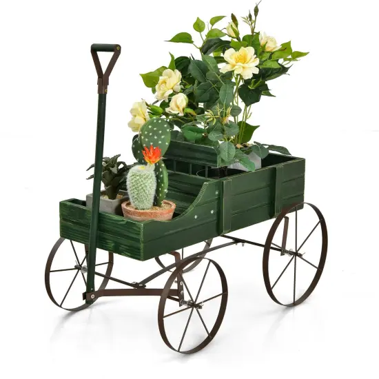 Rustic Wooden Wagon Planter with Metal Wheels Small Garden Cart for Flowers Outdoor Decor Green {1}