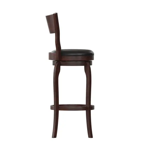 Merrick Lane Tally 30" Classic Wooden Open Back Swivel Bar Height Pub Stool with Upholstered Padded Seat and Integrated Footrest Espresso/Black {5}