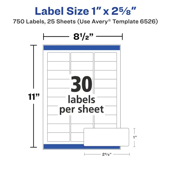 Avery Address Labels with Sure Feed and Easy Peel Technology, Glossy White Labels, 1" x 2-5/8", Permanent, Laser/Inkjet, 750 Glossy Labels (6526) {6}