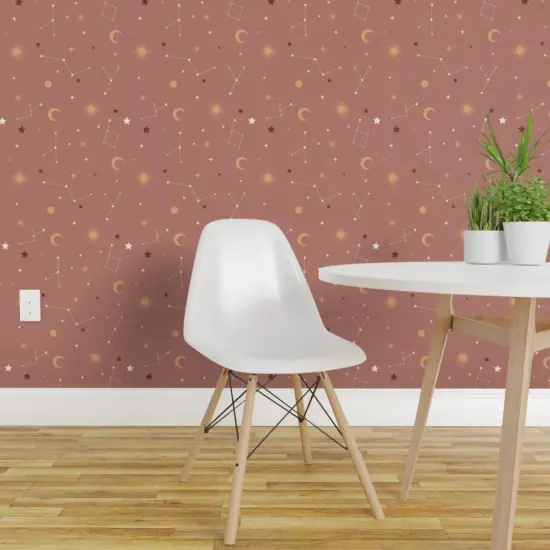 Pre-Pasted Wallpaper 2FT Wide Brown Stars Sky Constellations Space Moon Boho Astronomy Whimsical Medium Scale Custom Pre-pasted Wallpaper by Spoonflower {1}