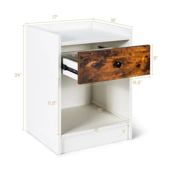 Set of 2 End Side Table Nightstand with Sliding Drawer and One Open Compartment White {5}