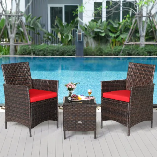 3 Pieces Patio Rattan Furniture Set Cushioned Sofa and Glass Tabletop Deck Red {1}