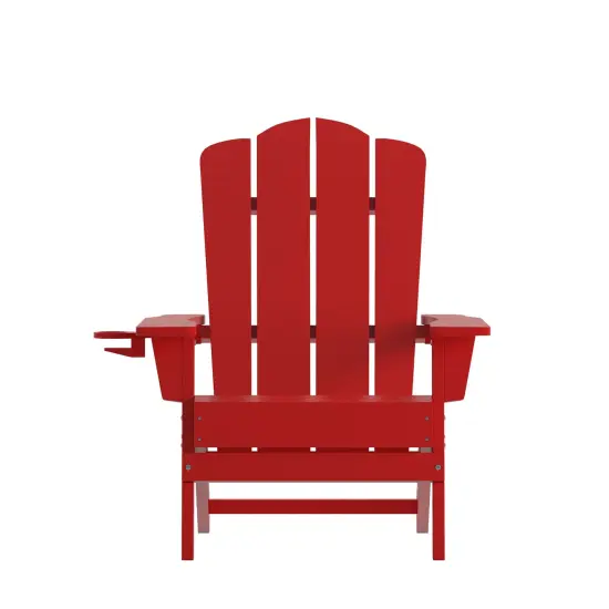 Merrick Lane Nassau Adirondack Chair with Cup Holder, Weather Resistant HDPE Adirondack Chair Red {3}