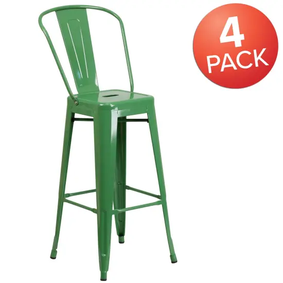 Emma and Oliver Commercial Grade 4 Pack 30" High Metal Indoor-Outdoor Barstool with Back Green {5}
