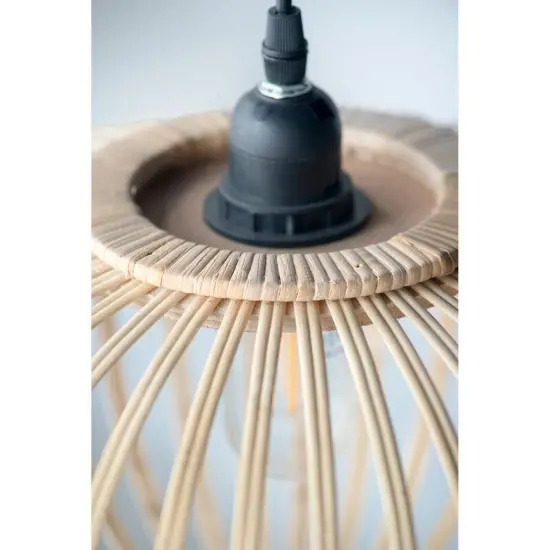 Mid-Century Modern Style Drum Shaped Bamboo Wooden Pendant Lamp {4}
