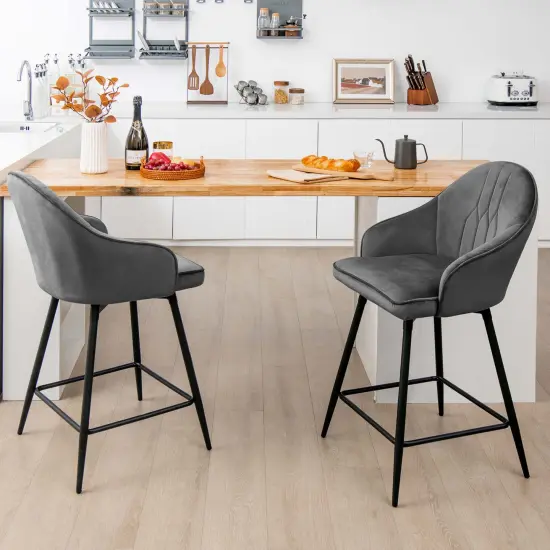 Costway Set of 2 Velvet Bar Stools Swivel Counter Height Dining Chair with Metal Legs Gray {2}