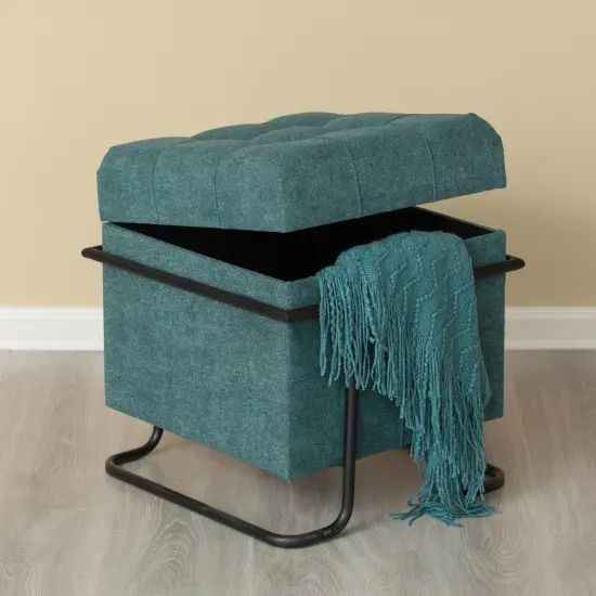 Square Fabric Storage Ottoman with Black Metal Frame Blue {1}