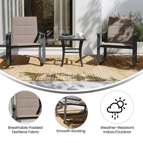 Merrick Lane Brevyn 3 Piece Outdoor Bistro Set with Flex Comfort Rocking Chairs and Steel Framed Glass Top Table Gray {7}