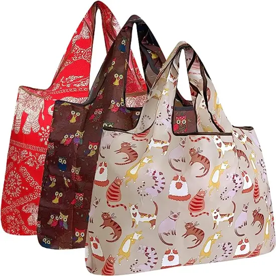 Wrapables Large Foldable Tote Nylon Reusable Grocery Bags, 3 Pack Elephant Owls Cats {1}