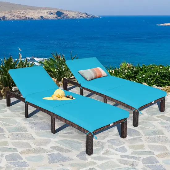Costway 2PCS Outdoor Rattan Lounge Chair Chaise Recliner Adjustable Cushioned Turquoise\Red {7}