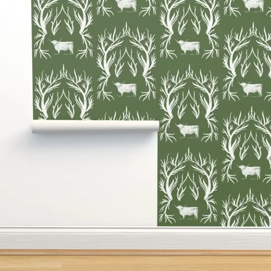 Peel & Stick Wallpaper 2FT Wide Damask Toile Cows Western Green White Rustic Custom Removable Wallpaper by Spoonflower {2}