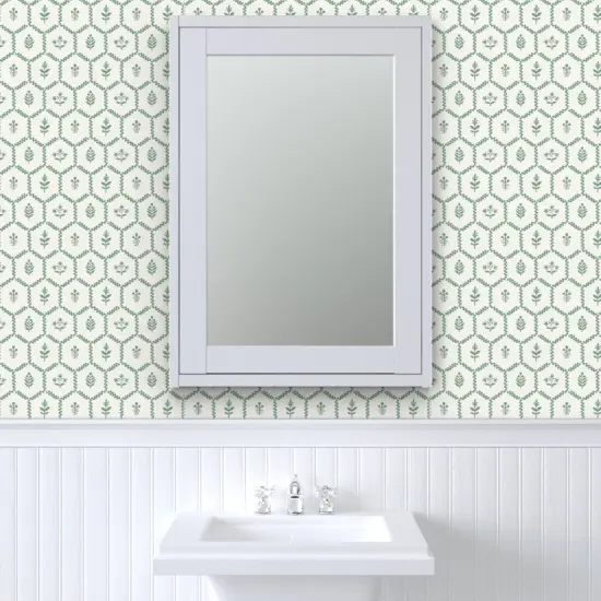 Pre-Pasted Wallpaper 2FT Wide Farmhouse Chic Cottagecore Green Botanical Clover Leaves Vine Thistle Hexagons Custom Pre-pasted Wallpaper by Spoonflower {6}