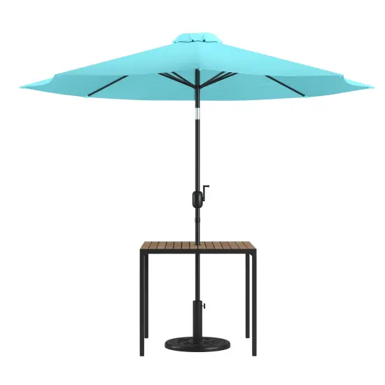 Merrick Lane Square Faux Teak Outdoor Dining Table with Powder Coated Steel Frame, 9' Adjustable Umbrella and Base Teal {1}