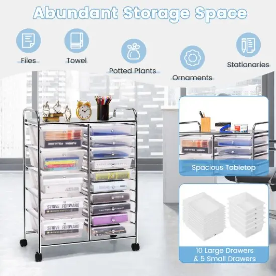 15-Drawers Multi-Use Rolling Storage Organizer Cart with Chrome Finish Steel Frame Perfect for Any Room Transparent {3}