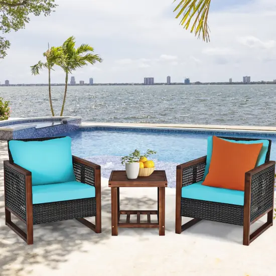 Costway 3PCS Patio Wicker Furniture Set Solid Wood Frame Cushion Sofa w/ Square Table Shelf {7}