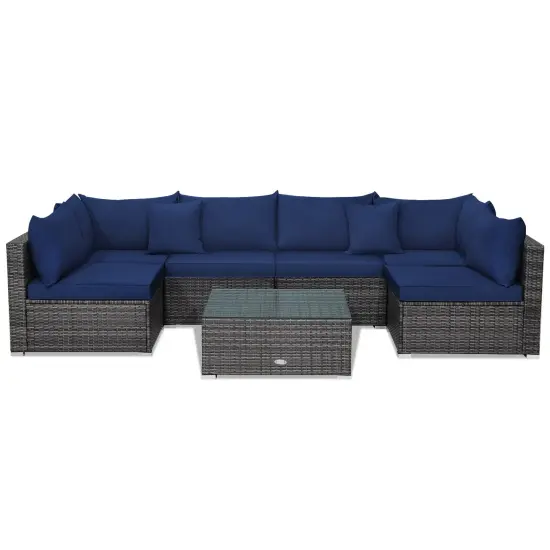 7 Pieces Patio Rattan Furniture Set with Sectional Sofa Cushioned-Black {7}
