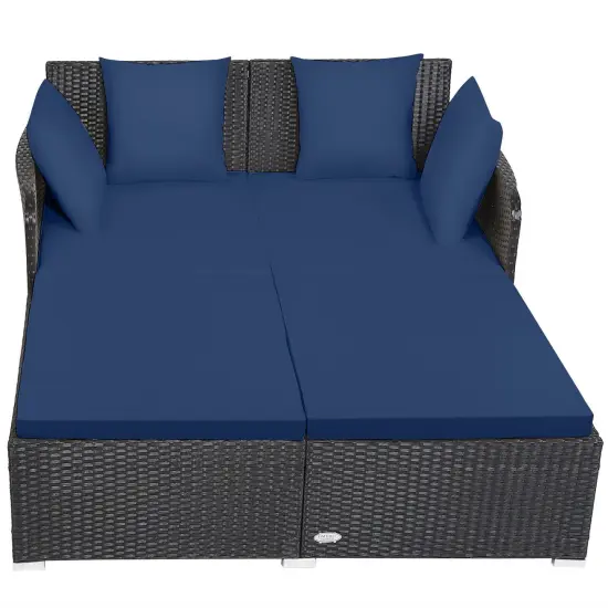Spacious Outdoor Rattan Daybed With Upholstered Cushions And Pillows Navy {4}