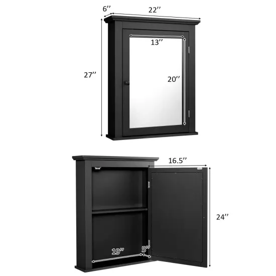 Bathroom Mirror Cabinet Wall Mounted Adjustable Shelf Medicine Storage Black {5}