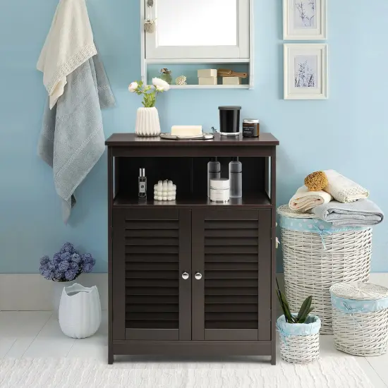 MDF Bathroom Storage Cabinet with Shutter Doors and Adjustable Shelves Brown {6}